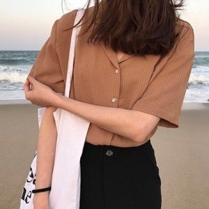 YesStyle Brown Striped Short Sleeve Blouse